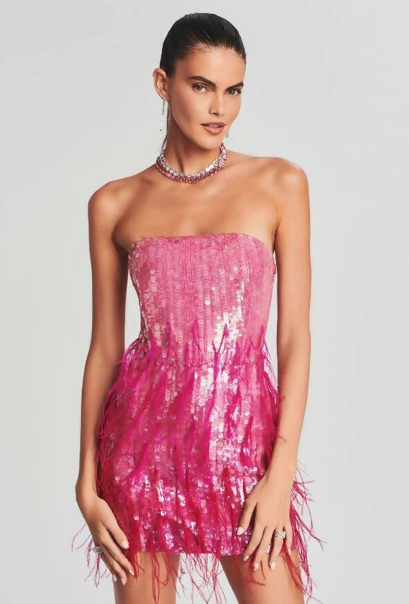 Retrofete - Retrofête Anastasia Sequin Feather Mini Dress in Fuchsia Size M / Au 8-10
