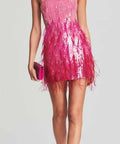 Retrofete - Retrofête Anastasia Sequin Feather Mini Dress in Fuchsia Size M / Au 8-10