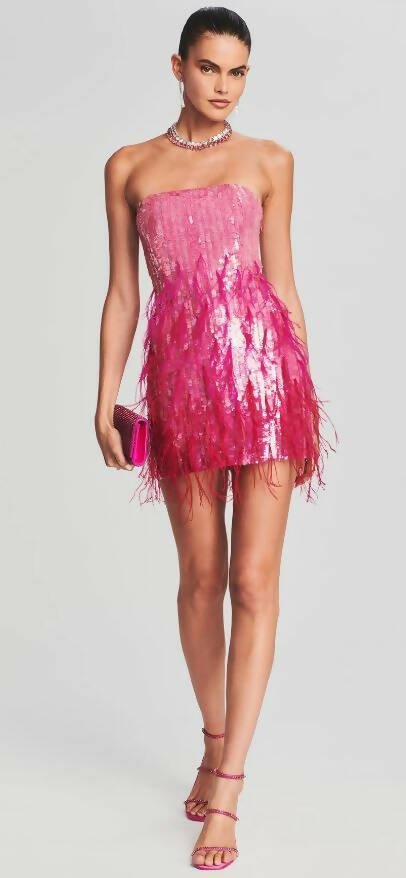 Retrofete - Retrofête Anastasia Sequin Feather Mini Dress in Fuchsia Size M / Au 8-10