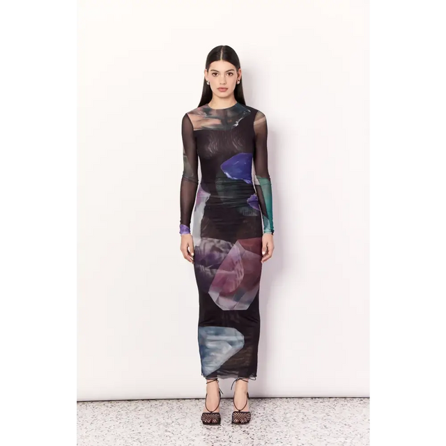 Romy - Gemstone Long Sleeve Mesh Maxi Dress - 12 / Multi - Dresses