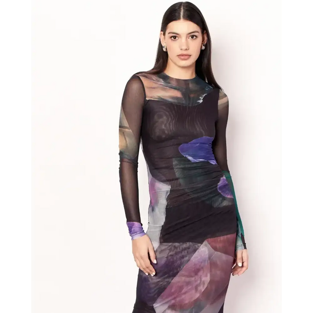 Romy - Gemstone Long Sleeve Mesh Maxi Dress - 12 / Multi - Dresses