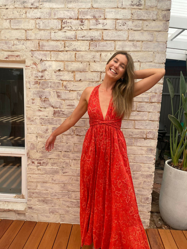 Scanlan Theodore Cotton Paisley Halter Dress - Red - 10 / Red - Dresses