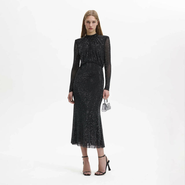 Self Portrait - Self Portrait Black Rhinestone Mesh Midi Dress