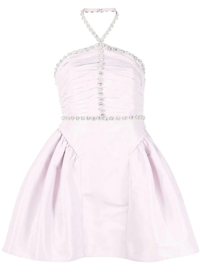 Self Portrait - Self Portrait Crystal-Embellished Ruched Taffeta Halterneck Mini Dress
