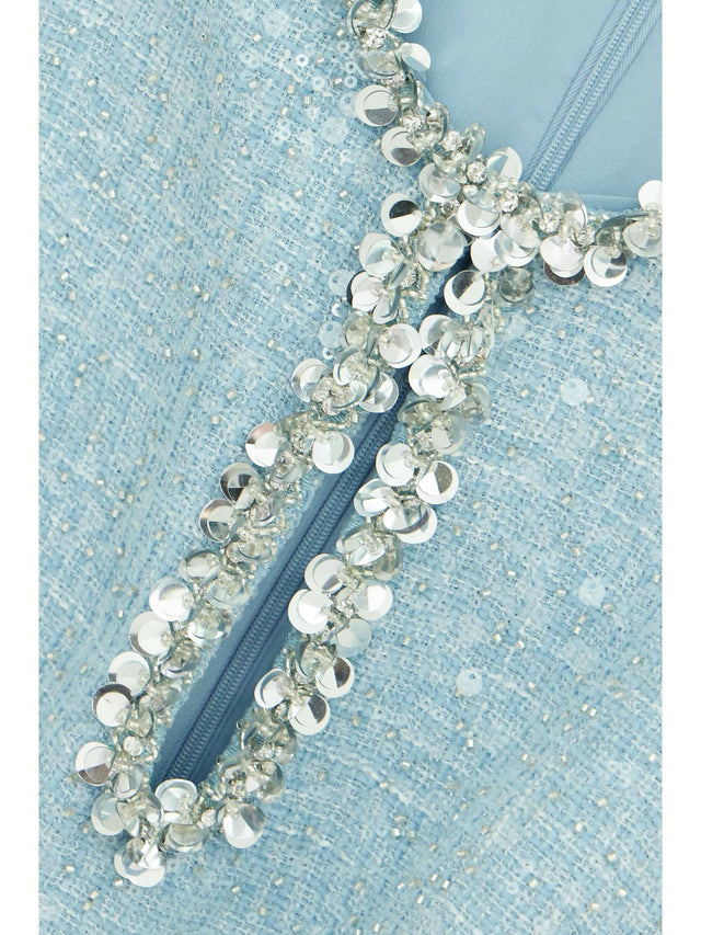 Self Portrait Cutout Embellished Sequined Bouclé Mini Dress - 8 / Blue - Dresses