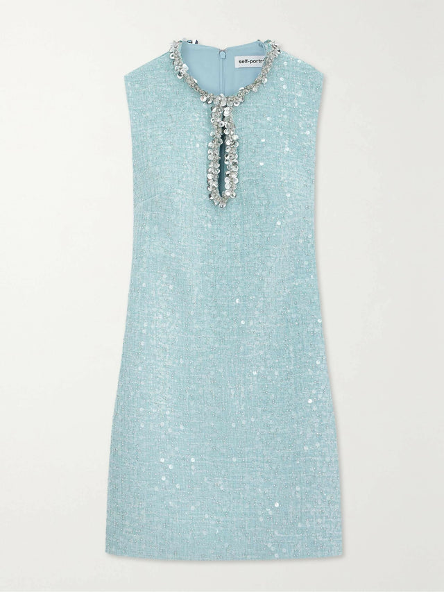 Self Portrait Cutout Embellished Sequined Bouclé Mini Dress - 8 / Blue - Dresses