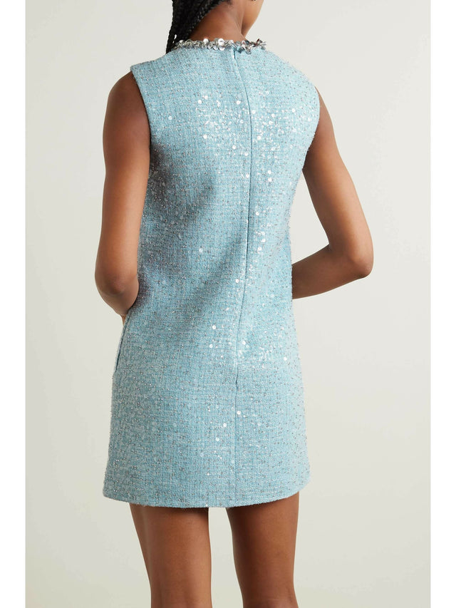 Self Portrait Cutout Embellished Sequined Bouclé Mini Dress - 8 / Blue - Dresses
