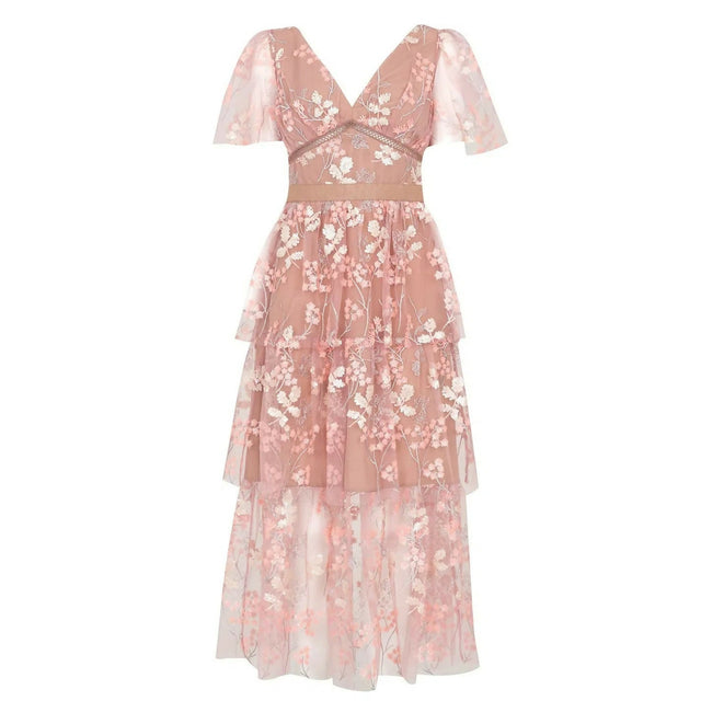 Self Portrait Flower Mesh Tiered Midi Dress Pink Size 12