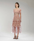 self portrait flower mesh tiered midi dress Self Portrait Flower Mesh Tiered Midi Dress Pink Size 12