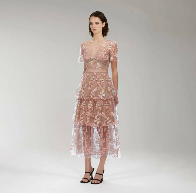 Self Portrait Flower Mesh Tiered Midi Dress Pink Size 12 - 12 / Pink - Dresses