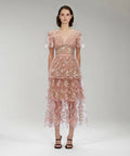 Self Portrait Flower Mesh Tiered Midi Dress Pink Size 12 - 12 / Pink - Dresses
