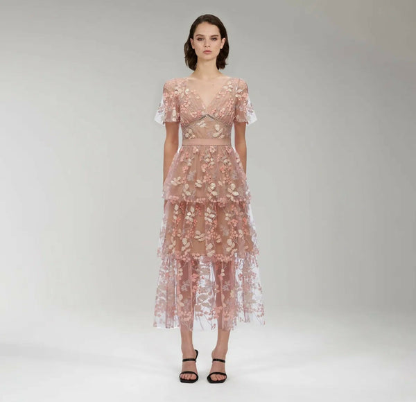Self Portrait Flower Mesh Tiered Midi Dress Pink Size 12