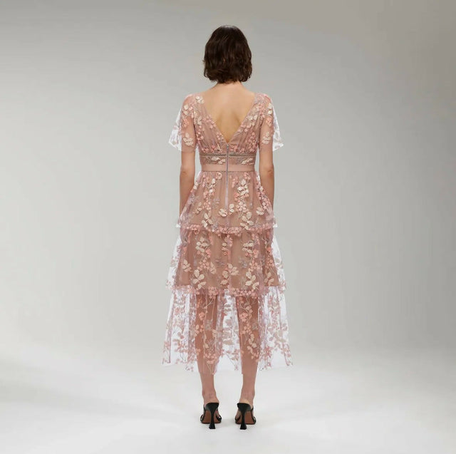 Self Portrait Flower Mesh Tiered Midi Dress Pink Size 12 - 12 / Pink - Dresses