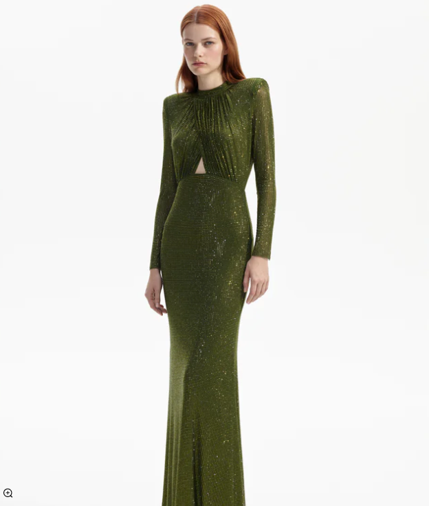 Self-Portrait OLIVE GREEN RHINESTONE MAXI DRESS