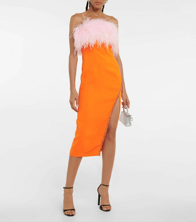Self Portrait - Self Portrait Orange Crepe Midi Dress With Trim