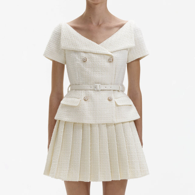 Self-Portrait Pleated Mini Dress in Cream - 6 / White - Dresses