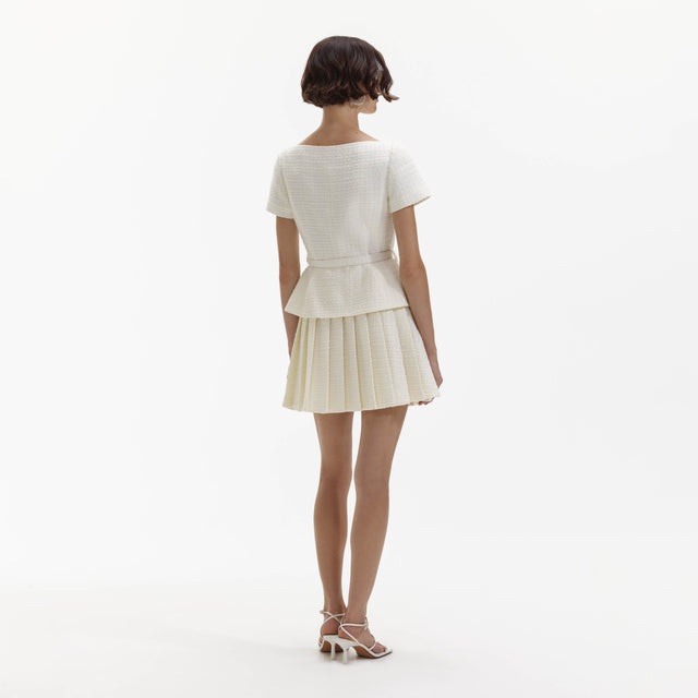Self-Portrait Pleated Mini Dress in Cream - 6 / White - Dresses