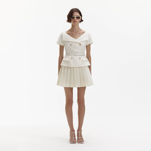 Self-Portrait Pleated Mini Dress in Cream - 6 / White - Dresses