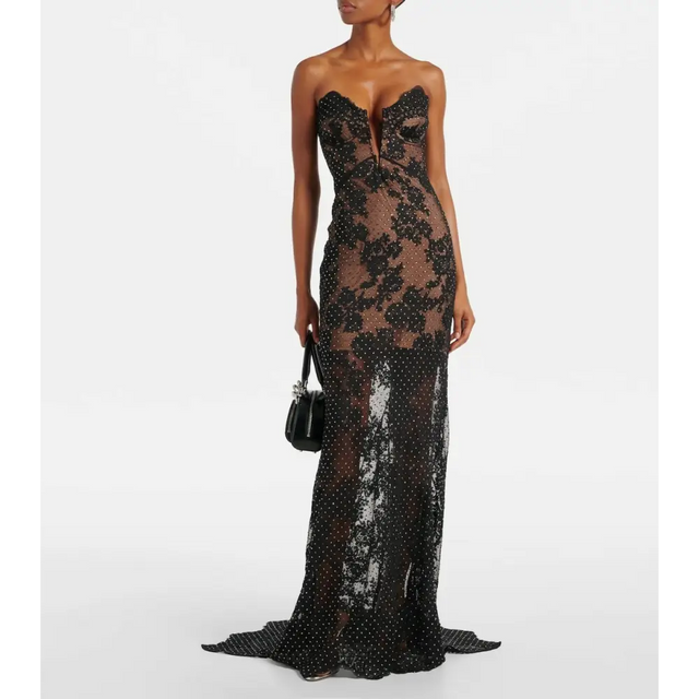 Self Portrait Rhinestone Embellished Sheer Lace Gown Dress Black Size XXS & S - Dresses