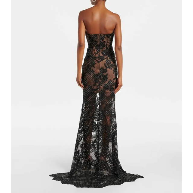 Self Portrait Rhinestone Embellished Sheer Lace Gown Dress Black Size XXS & S - Dresses