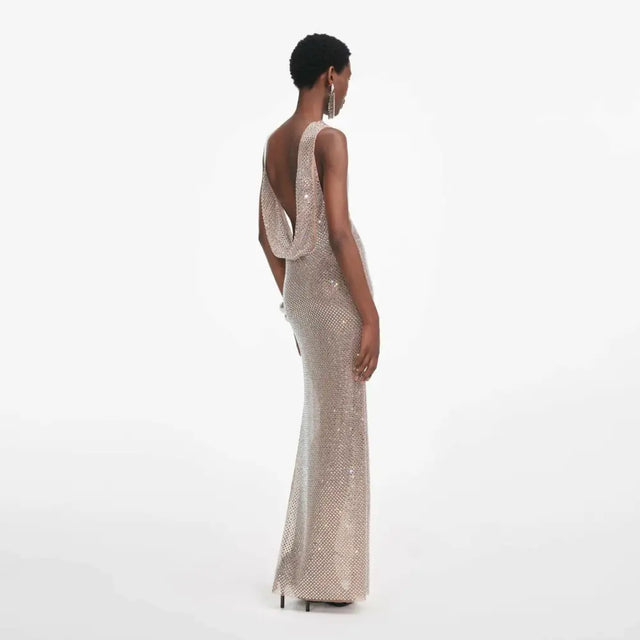 Self Portrait Silver Rhinestone Drape Open Back Maxi Dress - 10 / Silver - Dresses