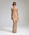 Self Portrait - Self Portrait Tan Rhinestone Off Shoulder Fishnet Maxi Dress