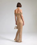 Self Portrait - Self Portrait Tan Rhinestone Off Shoulder Fishnet Maxi Dress
