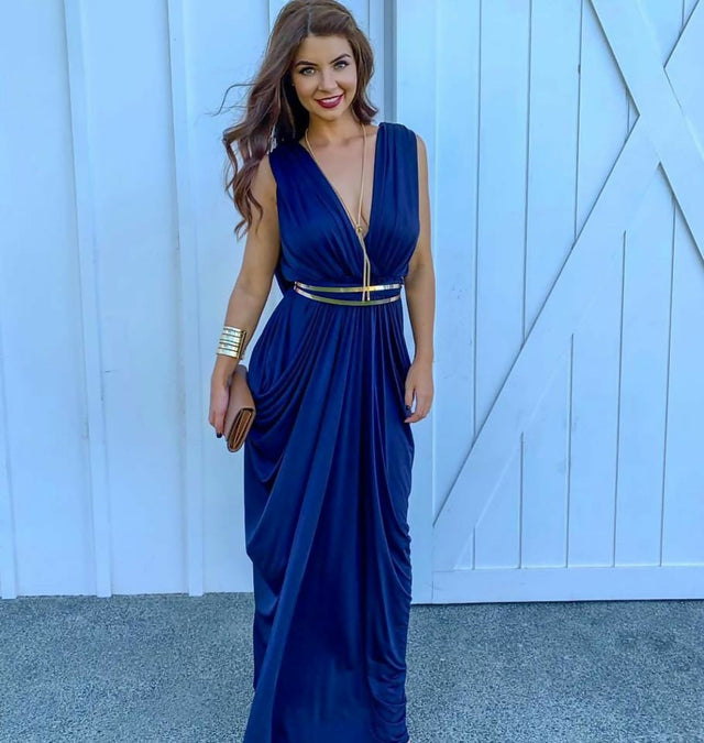 Sheike-Grecian-dress-in-navy-front-view-with-beltSKU218