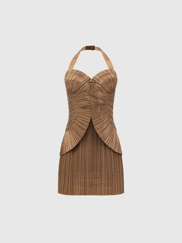 princess polly baby blue dress Suedette Sleeveless Buckle Detail Pleated Mini Dress Brown main image 0