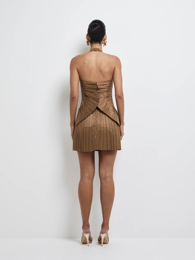 Sheike Soraya Pleated Mini Dress in Brown - 6 / Brown - Dresses