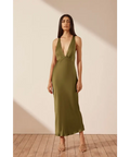 Shona-Joy-Arienzo-Plunged-Cross-Back-Midi-Dress-Green-Olive-1