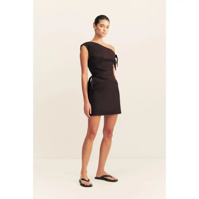 Shona Joy Brooks Asymmetrical Tie Mini Dress in Ganache Size AU 6 - 6 / Black - Dresses