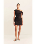 Shona Joy Brooks Asymmetrical Tie Mini Dress in Ganache Size AU 6 - 6 / Black - Dresses