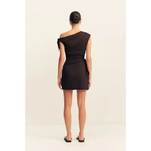 Shona Joy Brooks Asymmetrical Tie Mini Dress in Ganache Size AU 6 - 6 / Black - Dresses