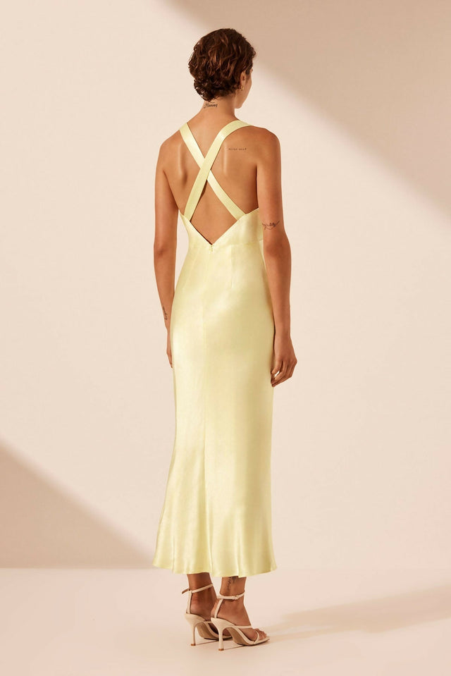Shona Joy La Lune Plunged Cross Back Midi Dress Lemon | Passion For Fashion