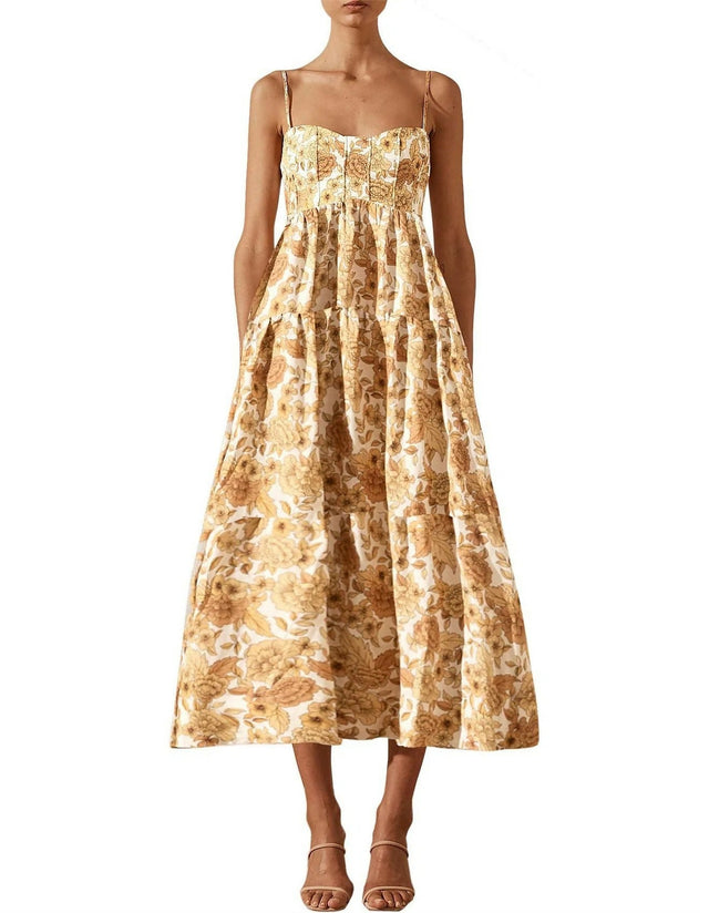 Shona Joy Margarita Linen Tiered Midi Dress - 12 / Print - Dresses