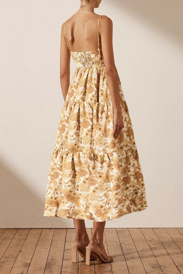 Shona Joy Margarita Linen Tiered Midi Dress - 12 / Print - Dresses