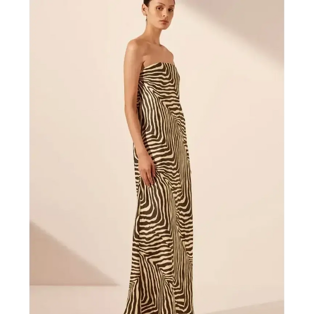 Shona Joy Sana Zebra Silk Strapless Bias Maxi Dress Bone/Chocolate Size 10 - 10 / Print - Dresses