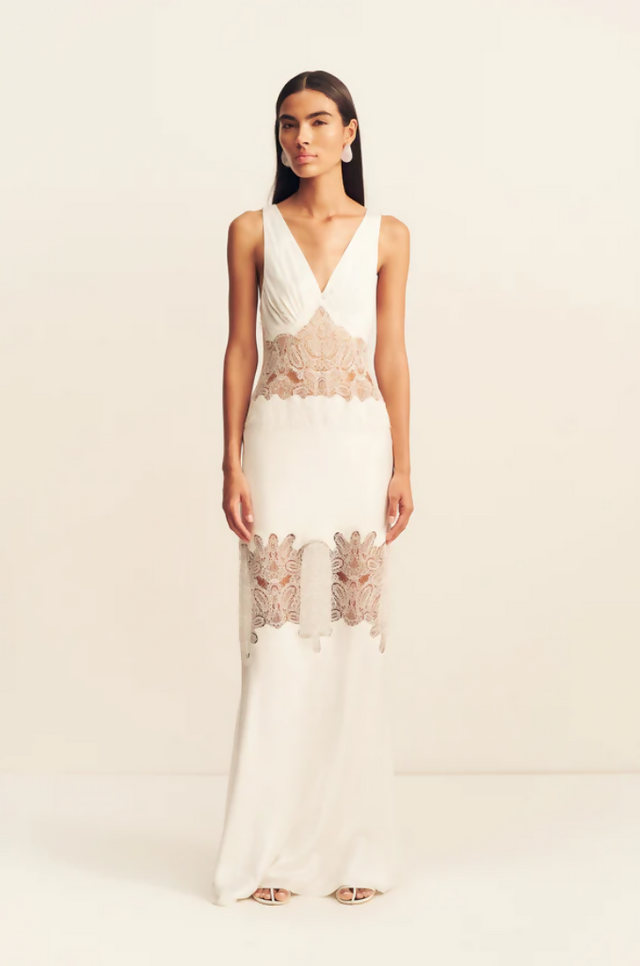 stratus plunged lace panelled maxi dress