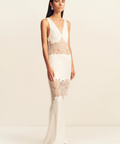 stratus plunged lace panelled maxi dress