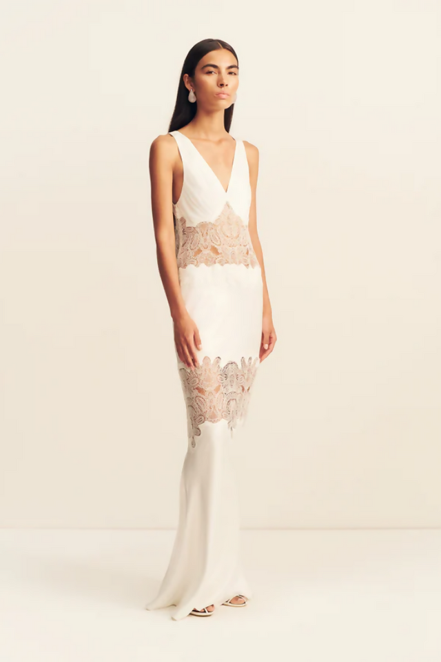 stratus plunged lace panelled maxi dress