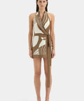 Sir The Label Almara Wrap Halter Mini Dress in Espresso Stripe - 10 / Multi - Dresses