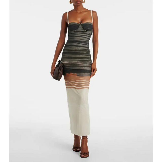 Sir The Label Breeze Striped Ruched Mesh Midi Dress Multi Size & 1 - Dresses