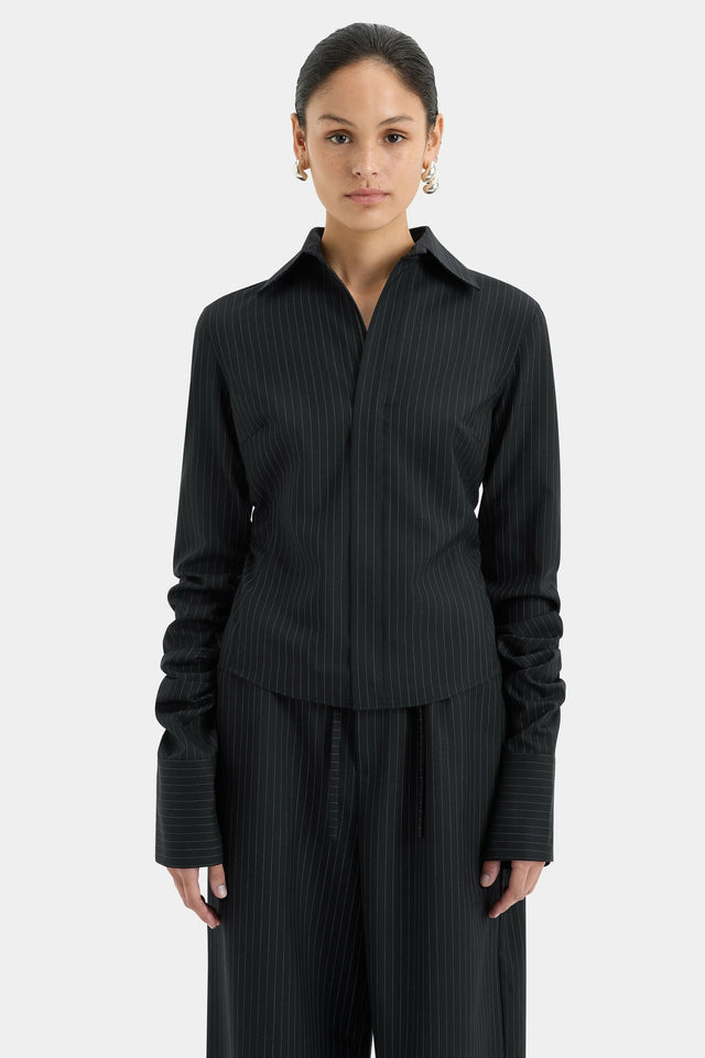 Sir The Label Edie Ruched Sleeve Shirt and Mini Short in Pinstripe - Outfit Sets