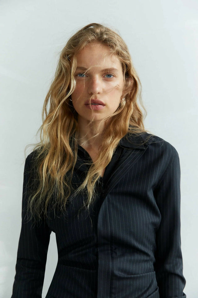 Sir The Label Edie Ruched Sleeve Shirt and Mini Short in Pinstripe - Outfit Sets