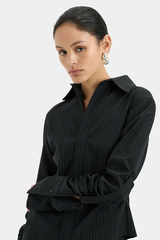 Sir The Label Edie Ruched Sleeve Shirt and Mini Short in Pinstripe - Outfit Sets