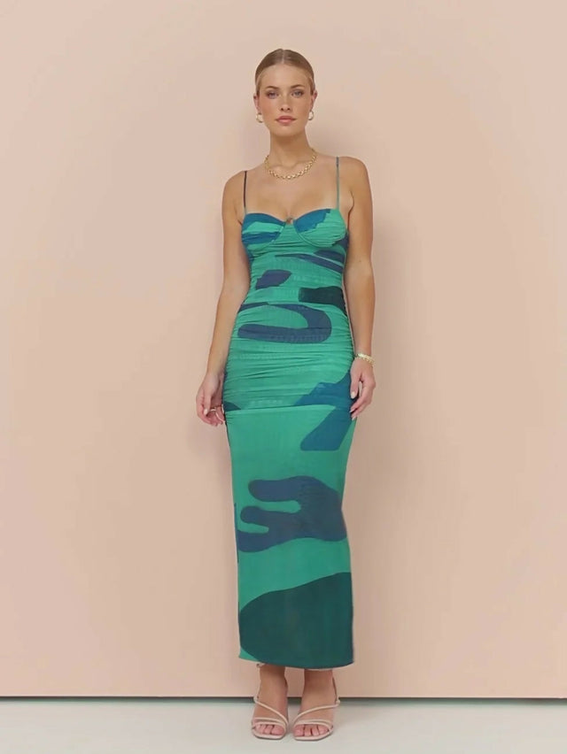 Sir The Label Frankie Gathered Midi Dress in Emerald - 4 / Multi - Dresses