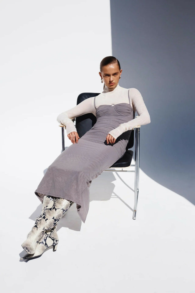 Sir The Label Jacques Gathered Midi Dress Slate Size 10 - 10 / Gray - Dresses