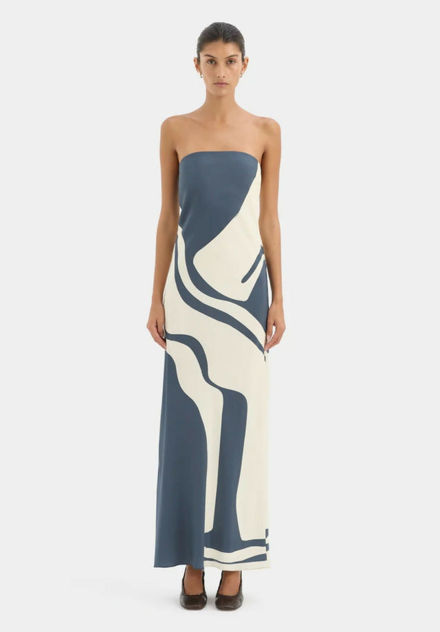 Sir The Label Lilou Strapless Dress in Liora Charcoal Blue - Dresses