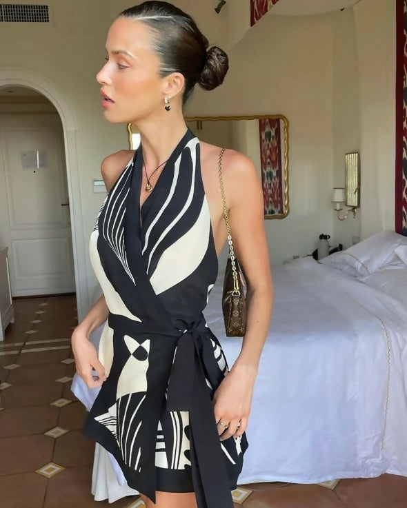 Sir The Label Realisme Wrap Halter Mini Dress - 4 / Print - Dresses